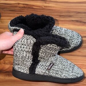Muk Luks Black and Cream Knit Sherpa Bootie Slippers